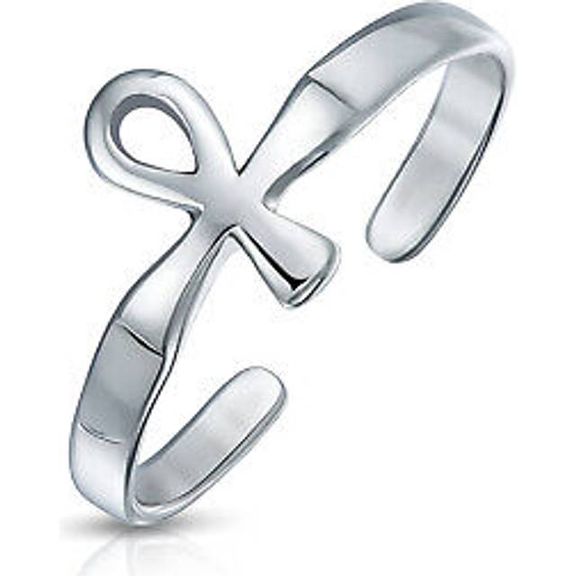 Religious Spiritual Middle Finger Egyptian Ankh Cross Mid Toe Ring For Women Teens Polished Adjustable Silver Sterling Silver .925