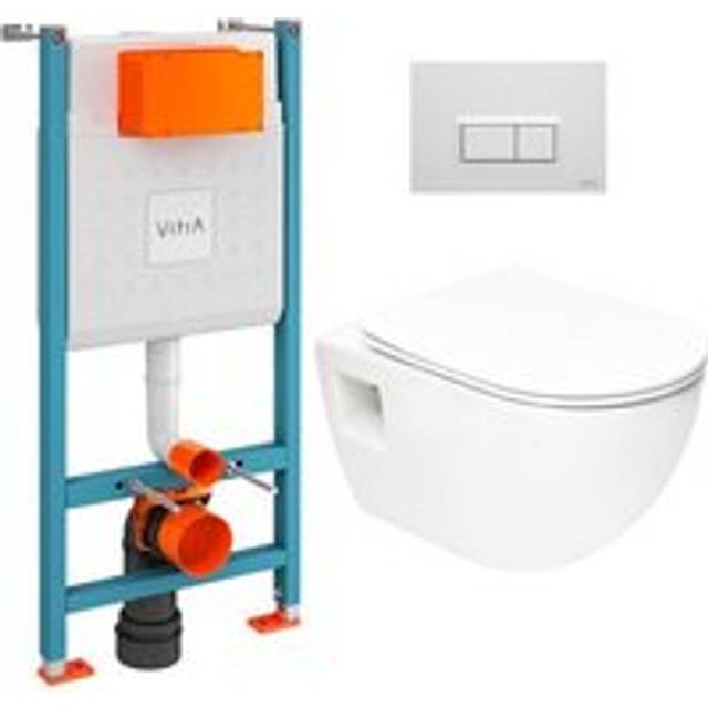Toilet Pack V-Fix Core Support Frame + sat Rimless Toilet with Soft-Close Seat + Glossy White Flush Plate (V-FixProject-1) - Vitra