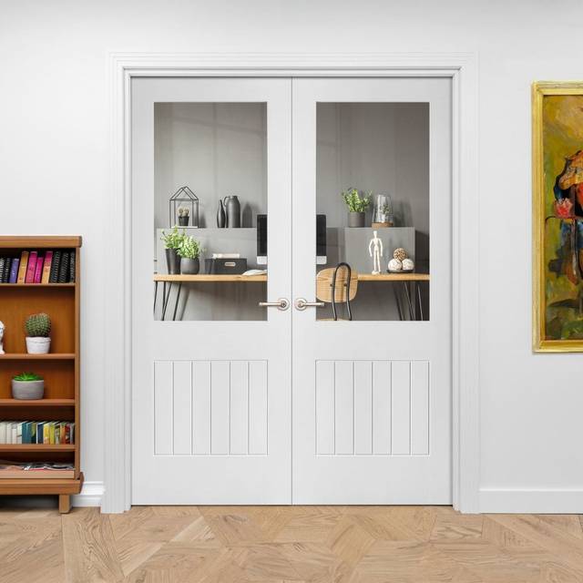 Liberty Doors Internal White Primed Cottage 1 Panel 1 Light Clear Glass Pair Door - 1981x1676x35mm (78&apos;&apos;x66&apos;&apos;) (26BB-000454) Size
