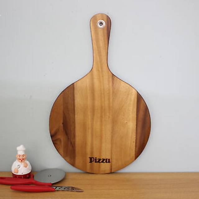 Wooden pizza board 30cm round paddle with handle cutting chopping serving plate