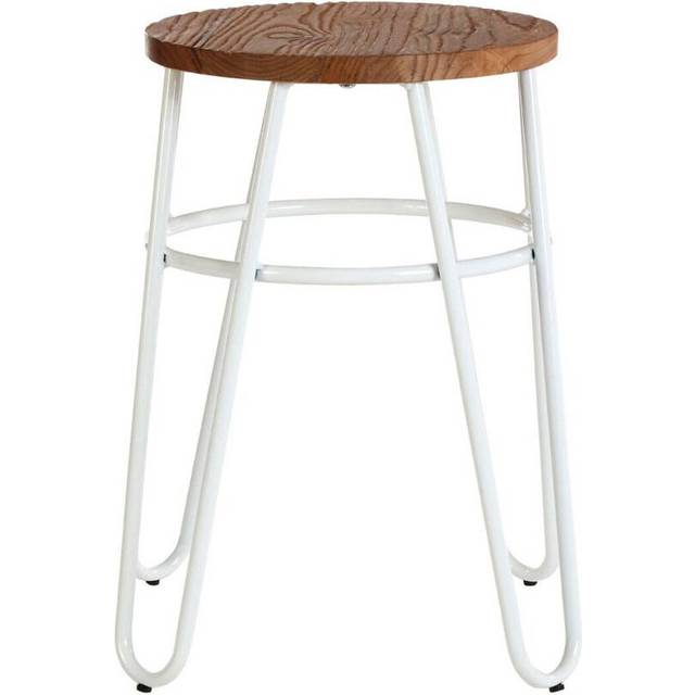 White Metal and Elm Wood Round Stool, Small Hairpin Stool, Versatile Metal Stool for Home, Office, Bedroom