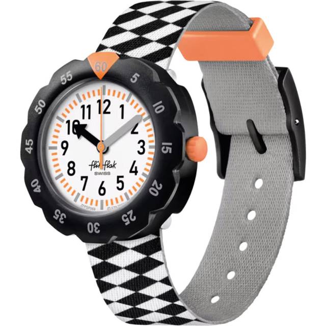 Flik Flak Race Flag Black & White Chequered Fabric Watch FPSP069 - Two Colour