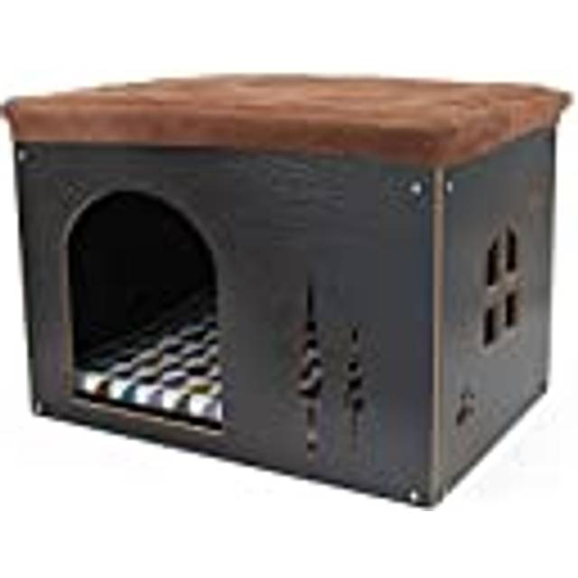 Cat Pet Bed House- Footstool Style Cat Cave Puppy Kennel, Foldable Pet House with Free Pet Cushion for Small Dogs Cats Rabbits Creative Wood Sitting