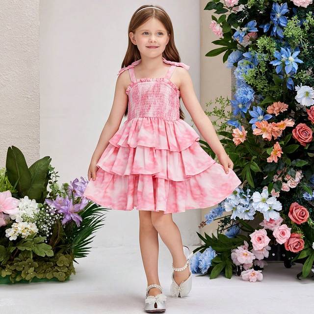 SHEIN Young Girl&#39;s Tie Dye Pattern Cake Hem Summer Spaghetti Strap Dress