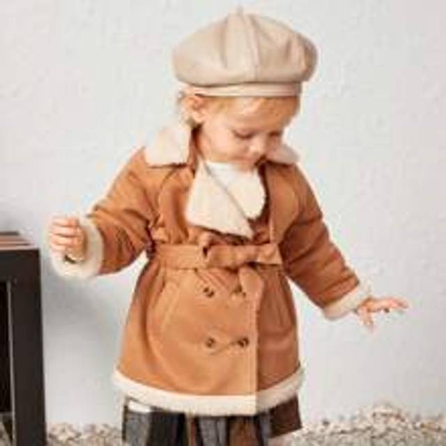 Bebis Flicka Teddyfodrad Dubbelbröst Bälte Fjäderbeklädnad - Brun (6-9M,9-12M,12-18M,18-24M,2-3Y)