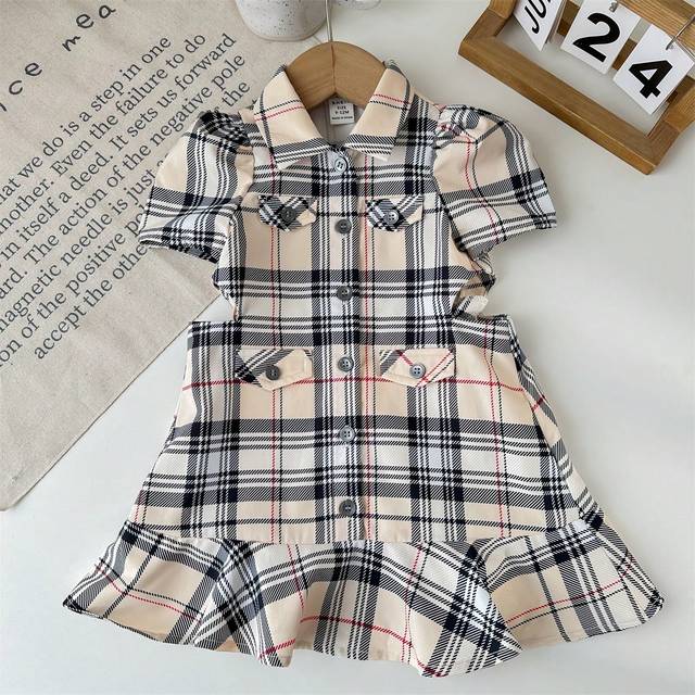 SHEIN Cute And Casual Check Pattern Babygirl Short Sleeve Dress With Fake Pockets And Ruffled Collar And Hem, Suitable For Summer