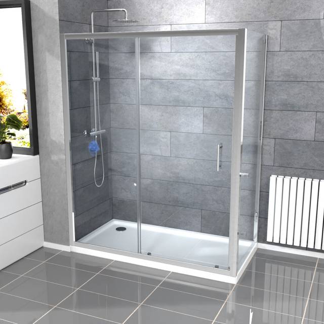 Bathroom 1600mm shower sliding door, 800mm glass side panel screen & tray