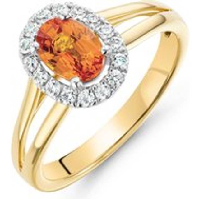 18ct Yellow Gold Diamond Orange Sapphire Halo Engagement Ring