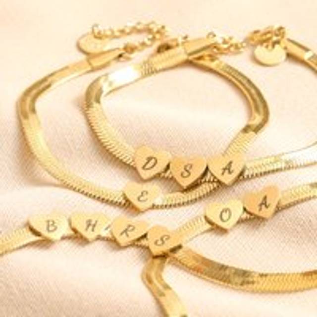 Personalised Gold Stainless Steel Heart Charm Herringbone Bracelet - gold - one size