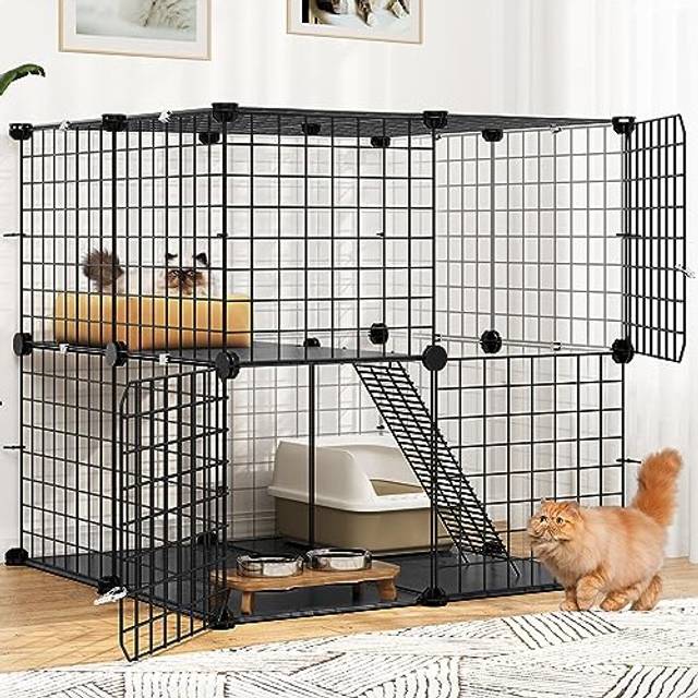 Cat Cage Indoor/Outdoor, DIY Cat Enclosures with 2 Doors, 1 Ladders, Metal Cat Playpen 2-Tiers Kennels Pet Crate, Pet Cage for Cats, Bunny, Chinchilla