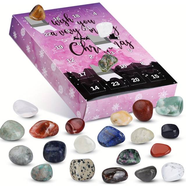 (Pink Purple, Large Stone) Christmas Gemstone Advent Calendar, 24 Natural Crystal Gemstones Stone