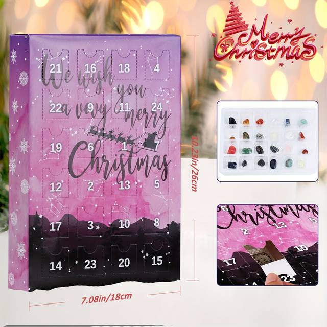 (Pink Purple, Trumpet Stone) Christmas Gemstone Advent Calendar, 24 Natural Crystal Gemstones Stone