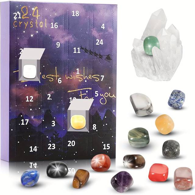 (Purple, Large Stone) Christmas Gemstone Advent Calendar, 24 Natural Crystal Gemstones Stone