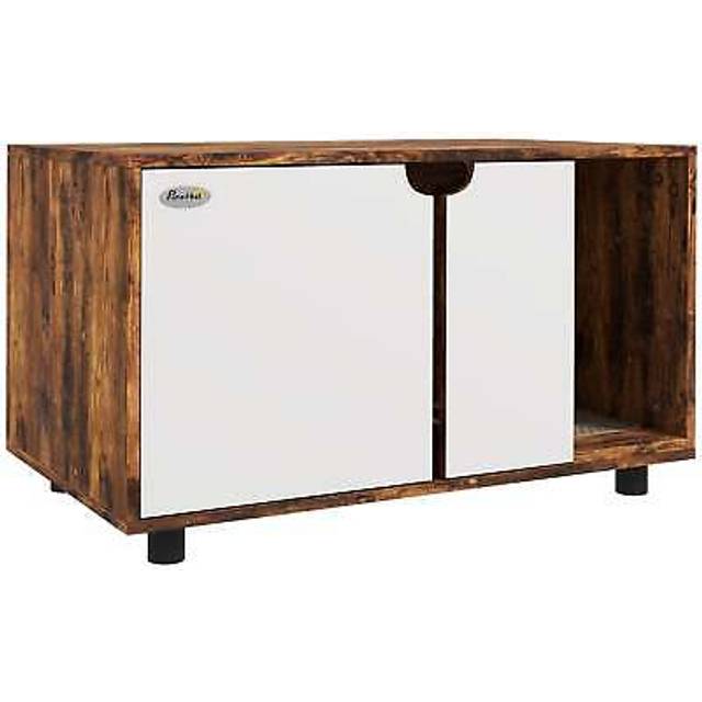 Pawhut hidden cat litter box furniture w/ sand drain pad - rustic brown