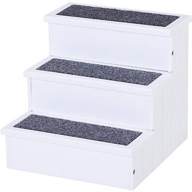 PawHut 3 Step Wooden Dog Steps Pet Stairs Cat Ladder for Bed with Storage White