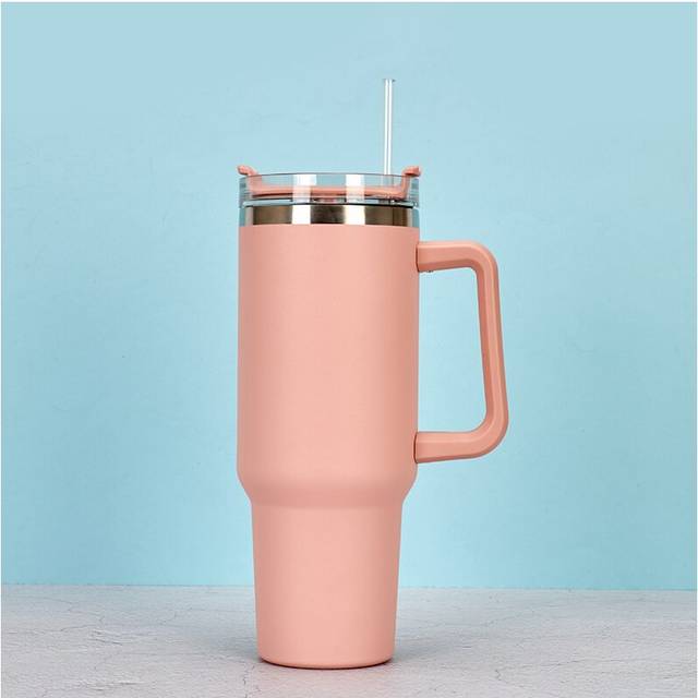 (Pink) 40OZ Double Wall Stainless Steel Vacuum Flask Cup Tumbler Straw Lid Water Bottle