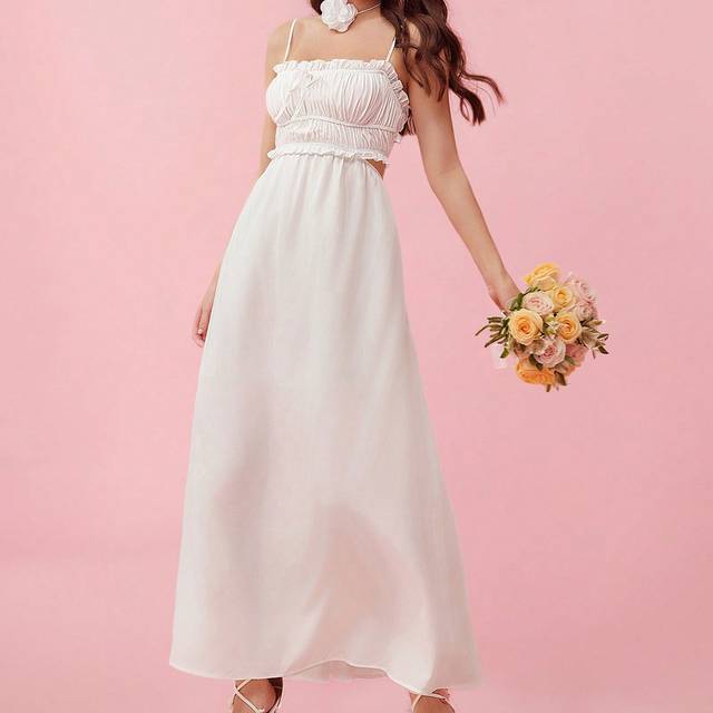 Enchnt Women Elegant Sling Maxi Casual White Summer Dress With Hollow And Mushroom Decoration Hawaiian Graduation