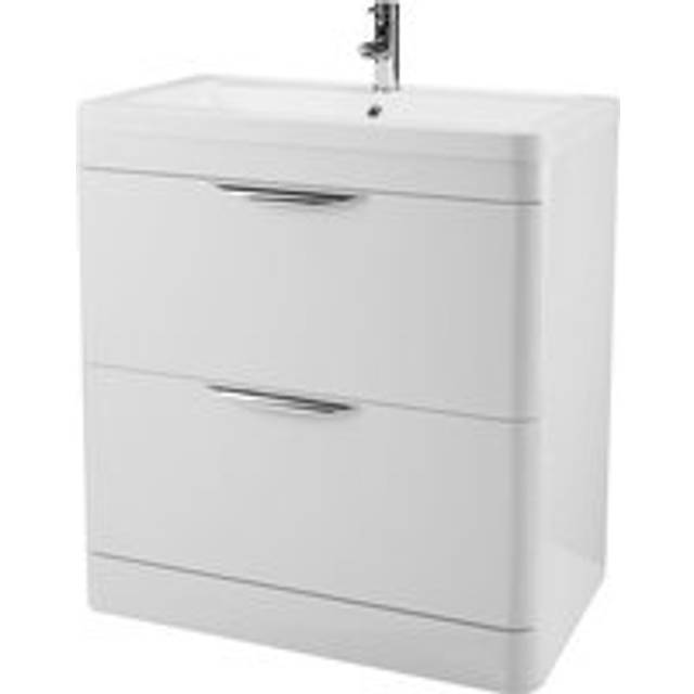 Floor Standing 2 Drawer Vanity Unit with Ceramic Basin - 800mm - Gloss White