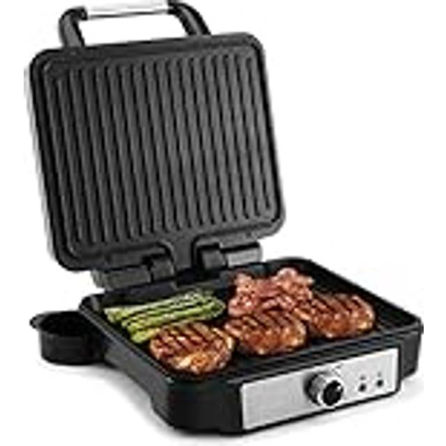 YASHE Paninipress Smörgåstillverkare, 4 Skivor Paninigrill med Non-stickbelagda Plattor, Paninitillverkare med Temperaturkontroll, Öppnas 180 Grader, Avtagbar Droppbricka, 1800W, Rostfritt Stål