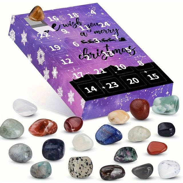(Purple Pink) 1Set Christmas Gemstone Advent Calendar, 24 Natural Crystal Gemstones Stone