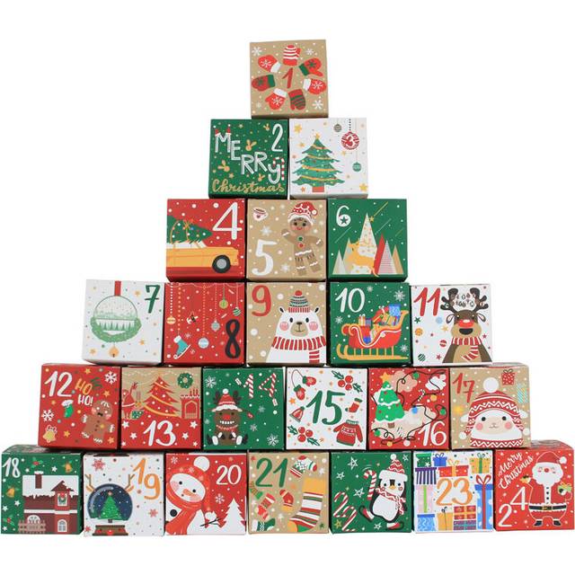 (24pcs, 7x7x7cm) 24pcs/set Christmas Advent Calendar Box Kraft Paper Candy Box 24 Days Countdown to Xmas Gift