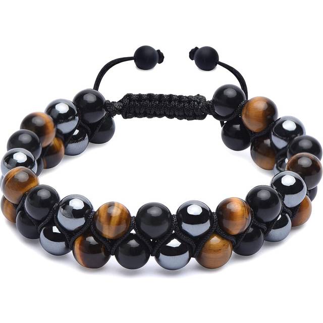 Triple Protection Bracelet, Genuine Tigers Eye Black Obsidian and Hematite 8mm Beads Bracelet