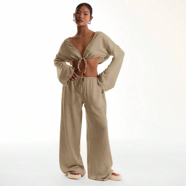 MUSERA Tie Front Linen Feel Beach Trousers Drawstring Pants Vacation Summer Spring Elegant Beachwear Boho Casual