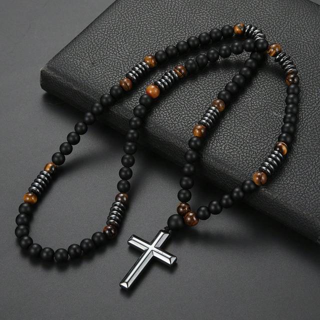 SHEIN 1pc Retro Natural Yellow Tiger Eyes Black Beaded Stone Men Necklace Suitable For Daily Wear