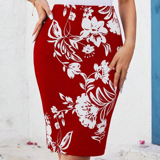SHEIN Women Casual Floral Printed Pencil Skirt For Spring/Summer
