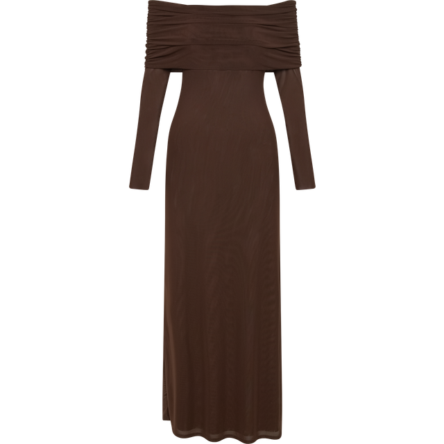 Josie Off Shoulder Mesh Maxi Dress - Dark Brown - 3XL