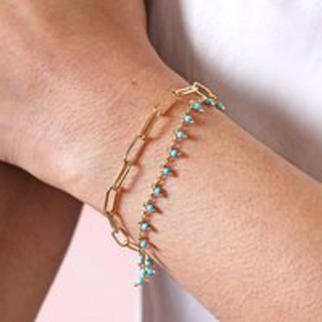 Teal Stone Droplet and Cable Chain Layered Bracelet in Gold - gold/blue - one size