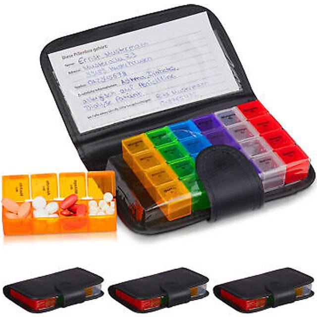Relaxdays - Pill Organiser, 4x Box & Case, 7 Days, 4 Compartments, Weekly Medicine Case for Travelling, Organiser, Black