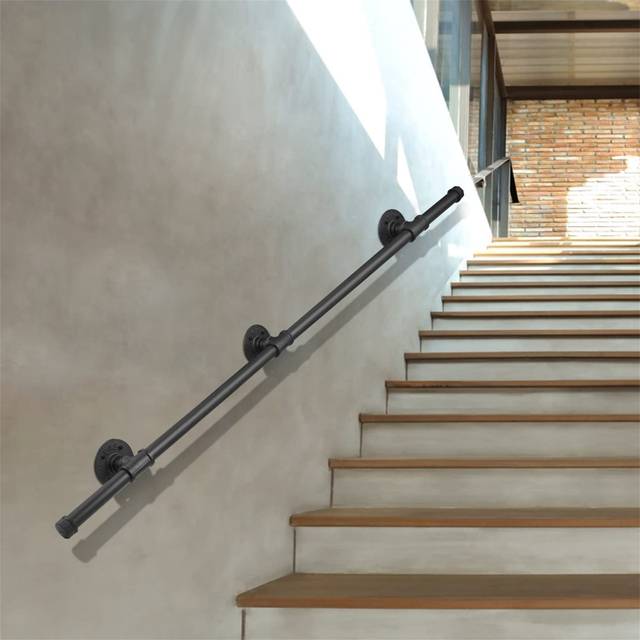 2M Wall Mounted Handrail Safety Hand Rail Non-Slip Steel Pipehandrail Indoor Outdoor Industrial Pipe Towel Rail Wrought Iron Wall Balustrade Handrail - Black