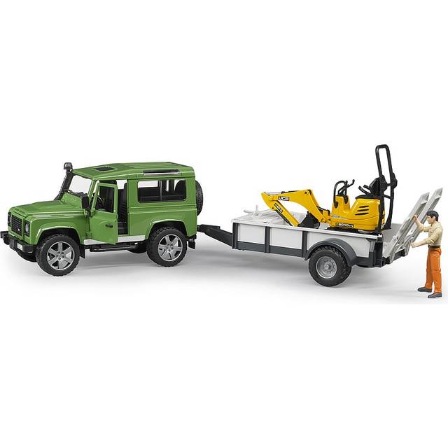 Bruder Land Rover Defender with trailer, JCB excavator and man toy