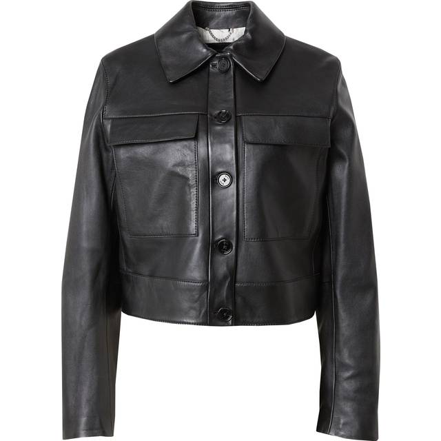Leather jacket with contrast cuffs and buttoned closure