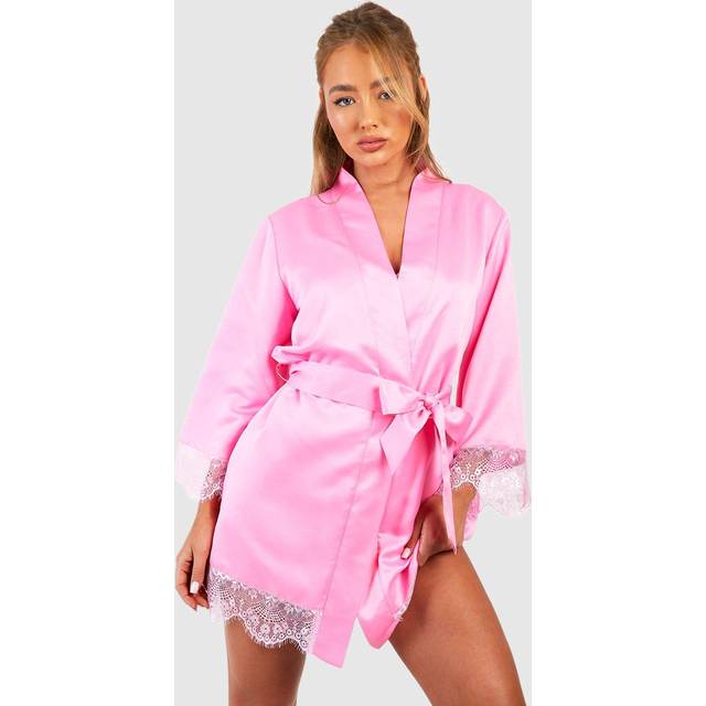 Womens Satin Lace Trim dressing gown - Pink - 8