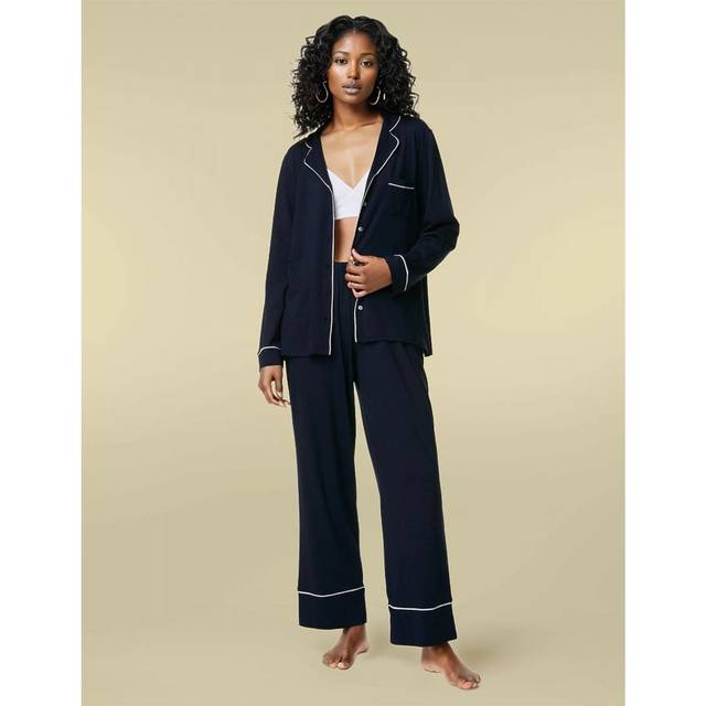 Marks & Spencer Womens Pyjama Set with Piping - Navy Cotton - Size 14 UK