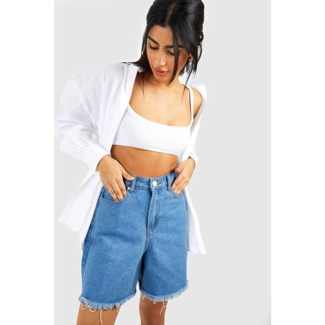 Womens Tall High Waisted Frayed Hem Longer Length Denim Shorts - Blue - 8, Blue