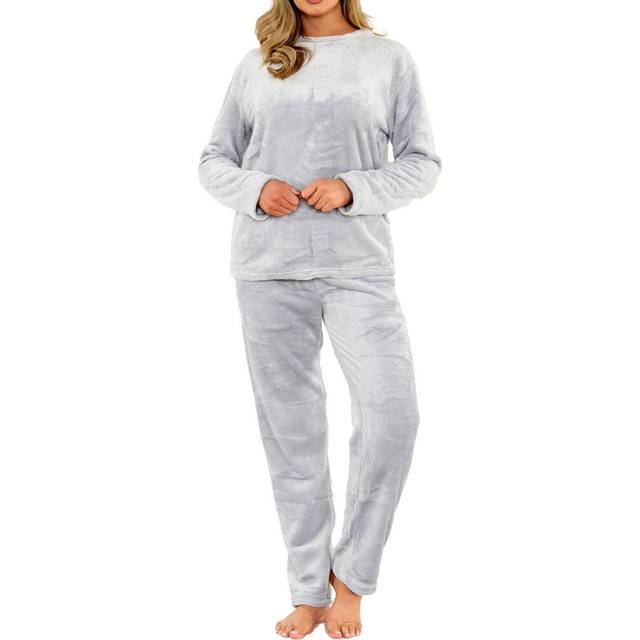 (20-22, Grey) Ladies Fleece Adults Pyjamas 2 Piece Gift Set