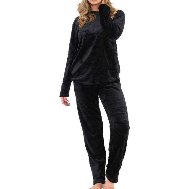 (20-22, Black) Ladies Fleece Adults Pyjamas 2 Piece Gift Set