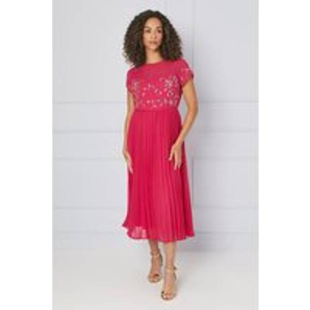 Wallis Womens Midi Dress Berry Embellished Lace Pleated Crew Neck Short Sleeve