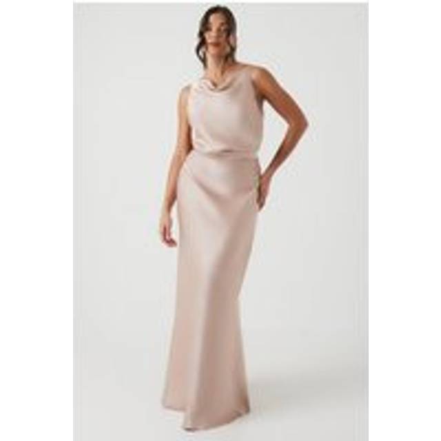 Cowl Neck Blouson Satin Bridesmaids Dress - Mocha - 10
