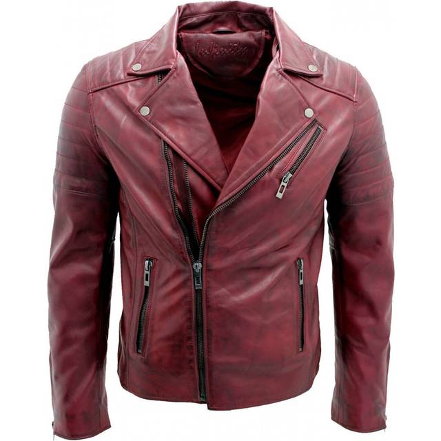Infinity Leather Mens Slim Fit Brando Style Cross Zip Biker Jacket - Burgundy - Size Medium