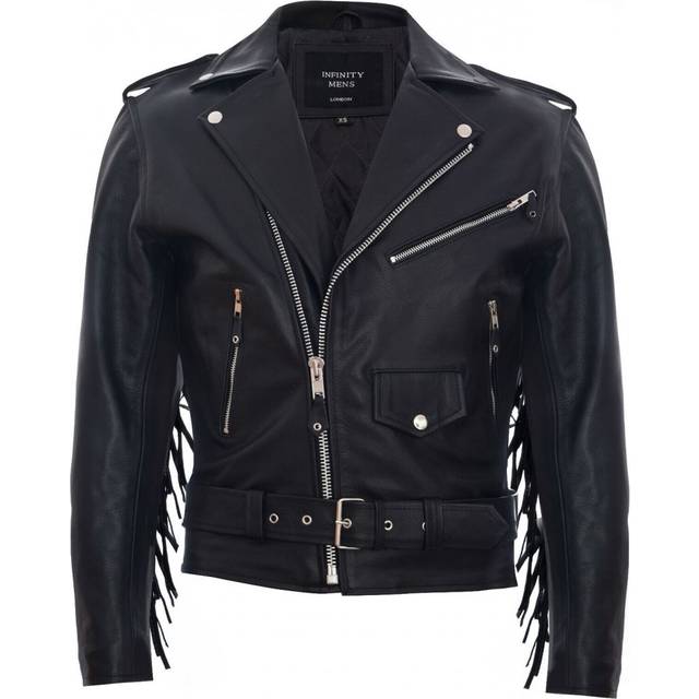 Infinity Leather Mens Fringe Hide Brando Tasseled Motorcycle Biker Jacket - Black - Size 5XL