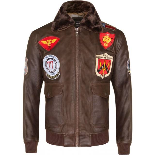 Infinity Leather Mens Fur Collar US Aviator Bomber Jacket - Brown - Size 5XL