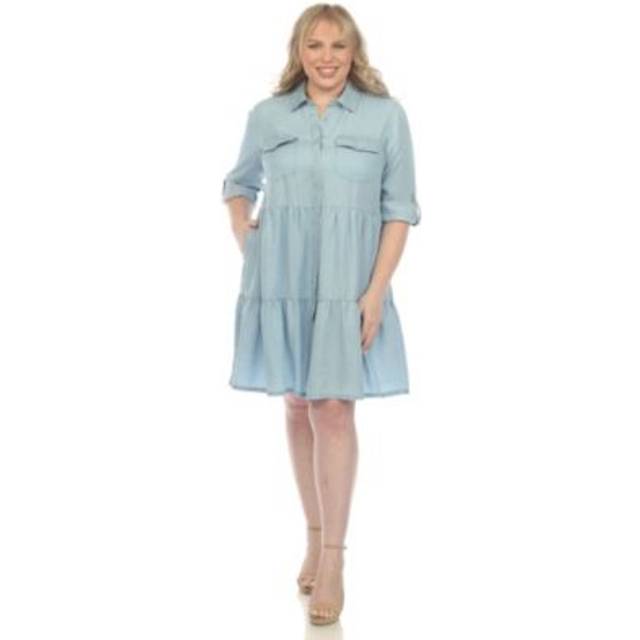 White Mark PS9306-01-2X Chambray Plus Size Long Sleeve Tiered Midi Shirt Dress - 2X