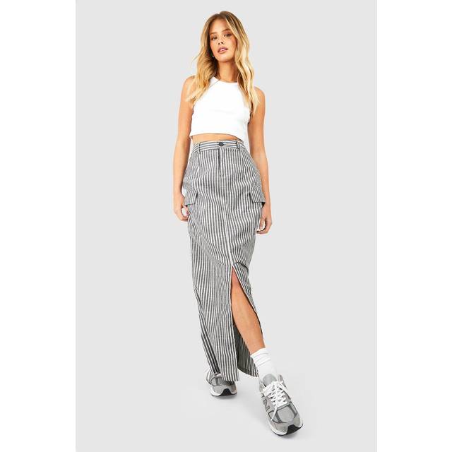 Womens Striped Cargo Split Front Maxi Skirt - Black - 8
