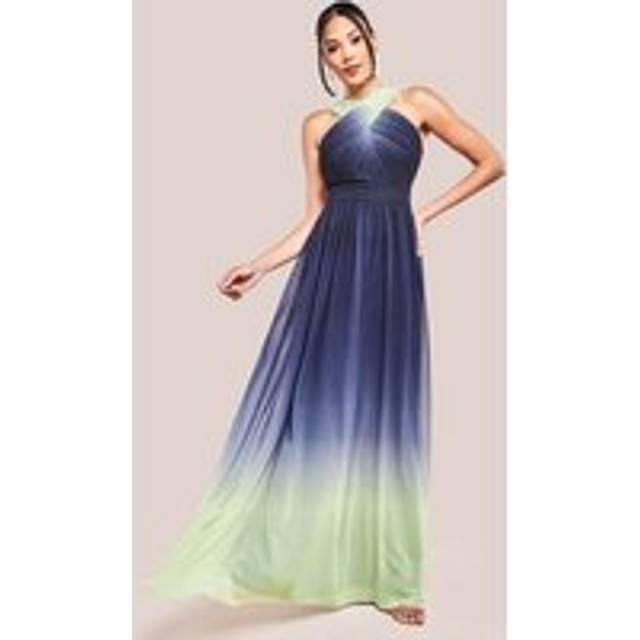 Ombre Cross Front Pleated Maxi Dress - Lime Ombre by Goddiva - 14