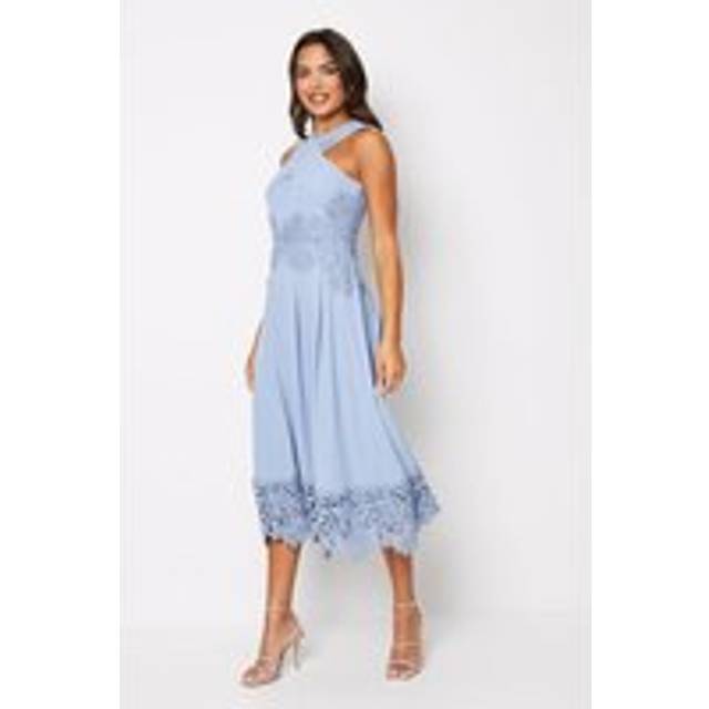 Cross Front Halterneck Crepe Midi Dress With Lace Trims - Dusty Blue - 8