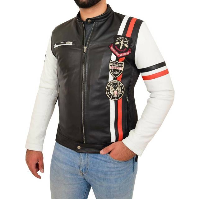Mens biker leather jacket black white sleeves badges stripes motor sports style